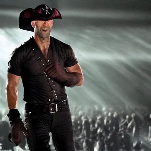 Image similar to jason statham in a pirate hat with an eye patch grinning after just rick rolling an entire group