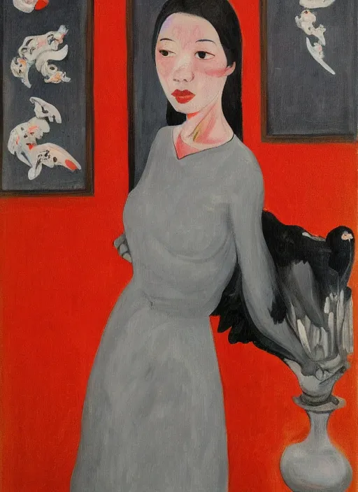 Image similar to a painting of gorgeous asian college girl standing on the knees with frozen cold stare, blood red background, transparent gray dresses, crows flying with red eyes trapped in the void as a symbol of death, in style of Edward Hopper, surrealism of Francis Bacon painting, John Singer Sargant, Chaim Soutine and Frank Auerbach, American Gothic, 8k, ultradetailed