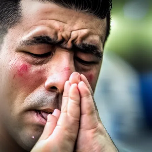 Image similar to close up photo of staling standing on his knees, crying so bad, and asking for forgiveness from hundreds of thousands of people