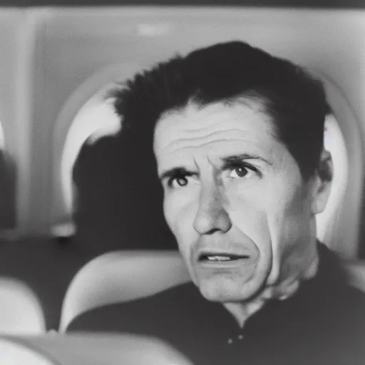 Prompt: a black and white photograph of a lonely man crying all by himself on an airplane, moody