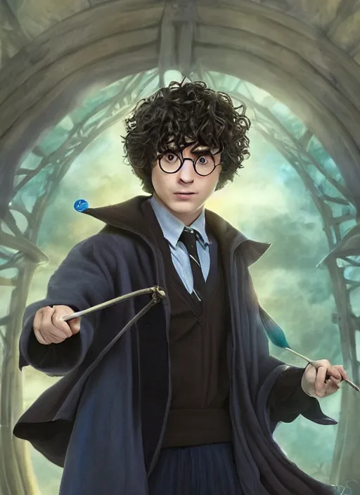 Prompt: close - ip shot, character portrait, a seventeen years old male!! ravenclaw wizard with black curly hair, wearing browline!! glasses!!! with a mandrake!!!, blue shiny lighting, beautiful fantasy art, film still from new harry potter movie, by artgerm and hayao miyazaki, trending on artstation
