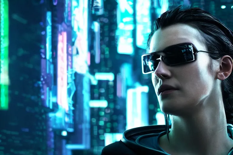 Image similar to VFX movie of a cyberpunk hacker closeup portrait in high tech compound, beautiful natural skin neon lighting by Emmanuel Lubezki