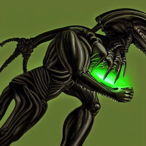 Image similar to xenomorph carrying ovomorph in xenomorph hive, dark, green light, photorealistic