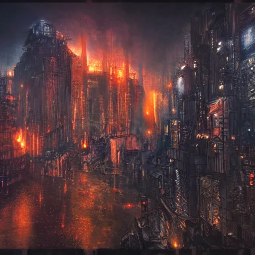 Prompt: dystopian cityscape on fire at night by john blanche, michael kirkbride, high detail, very intricate, 4 k, 8 k, artstation, video game concept art