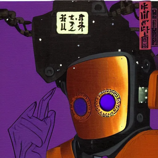 Image similar to a fullmetal wired robot is reading the forbidden intimate diary of sophia aeon, the background is the purple sunset over santiago of chile, hanafuda oil on canvas by dave mckean