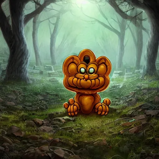 Image similar to an ancient, eldritch, and godlike garfield crying at a overgrown and abandoned grave trending on artstation deviantart pinterest photorealistic hd 8 k highlights and shadow detailed high resolution