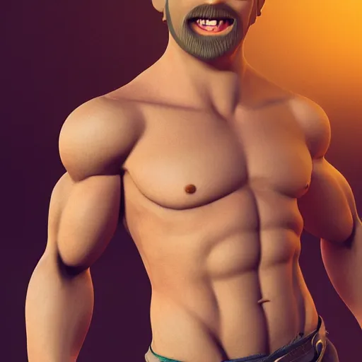 Image similar to attractive strong built irish english man with a chin beard and spiky blonde hair smiling at the camera, 3D octane render, character design