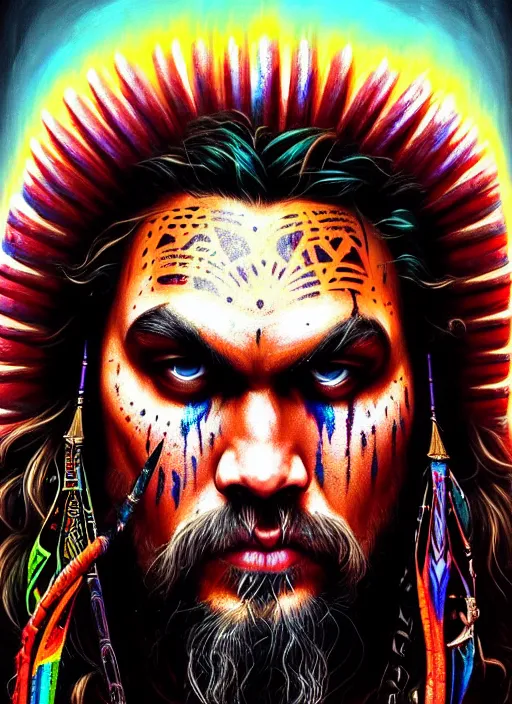 Image similar to portrait of jason momoa, hyper detailed ultra sharp aztec shaman warrior. trending on artstation, warpaint aesthetic, bloodwave, colorful, psychedelic, ornate, intricate, digital painting, concept art, smooth, sharp focus, illustration, art by artgerm and greg rutkowski and h. r. giger, 8 k