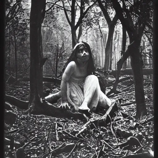 Image similar to spooky 1860 photo of an ancient girl demon devouring the the human kind on a dark forest