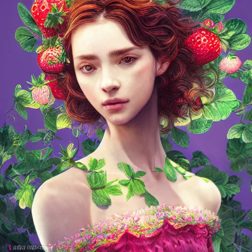 Prompt: the portrait of an absurdly beautiful, graceful, elegant, sophisticated perky young woman made of strawberries and green petals, an ultrafine hyperdetailed illustration by kim jung gi, irakli nadar, intricate linework, bright colors, octopath traveler, final fantasy, unreal engine 5 highly rendered, global illumination, radiant light, detailed and intricate environment