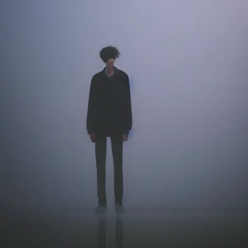 Image similar to tall lanky figure, standing in background, heavy fog, piercing red eyes
