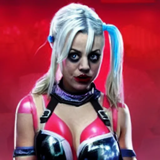 Image similar to A still of Kaley Cuoco as Harley Quinn, full-figure