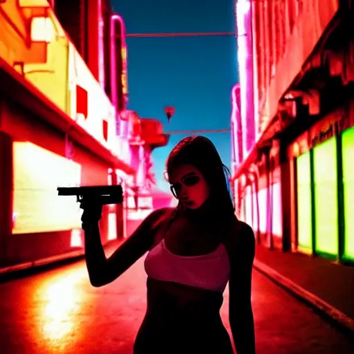 Prompt: “sensual cyberpunk girl with guns in her hands failing on the city, ultra realistic, neon lights, photo, 8k”