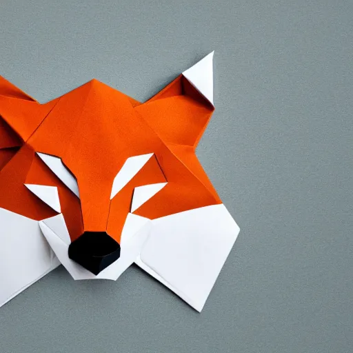 Image similar to logo featuring a fox's head as origami art with white eyes, white and orange colors, white background, Cut style, detailed