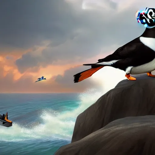 Image similar to puffin surfing, cinematic, cinematic lighting, trending on Artstation, Cgsociety, detailed, 4k, very realistic