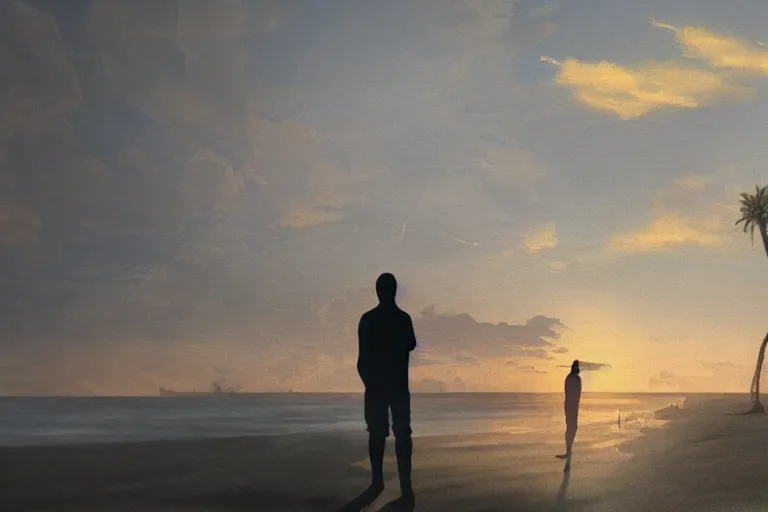 Image similar to a matte painting of a man watching the sunset by the beach, illustration, intricate details, muted colors