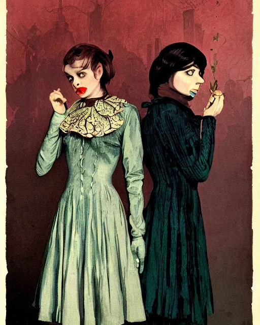 Prompt: a beautiful and eerie vintage pulp illustration of two beautiful but creepy siblings wearing vivienne westwood collars in layers of fear, with haunted eyes and dark hair, 1 9 7 0 s, seventies, wallpaper, a little blood, morning light showing injuries, delicate embellishments, painterly, offset printing technique, by brom, robert henri, walter popp