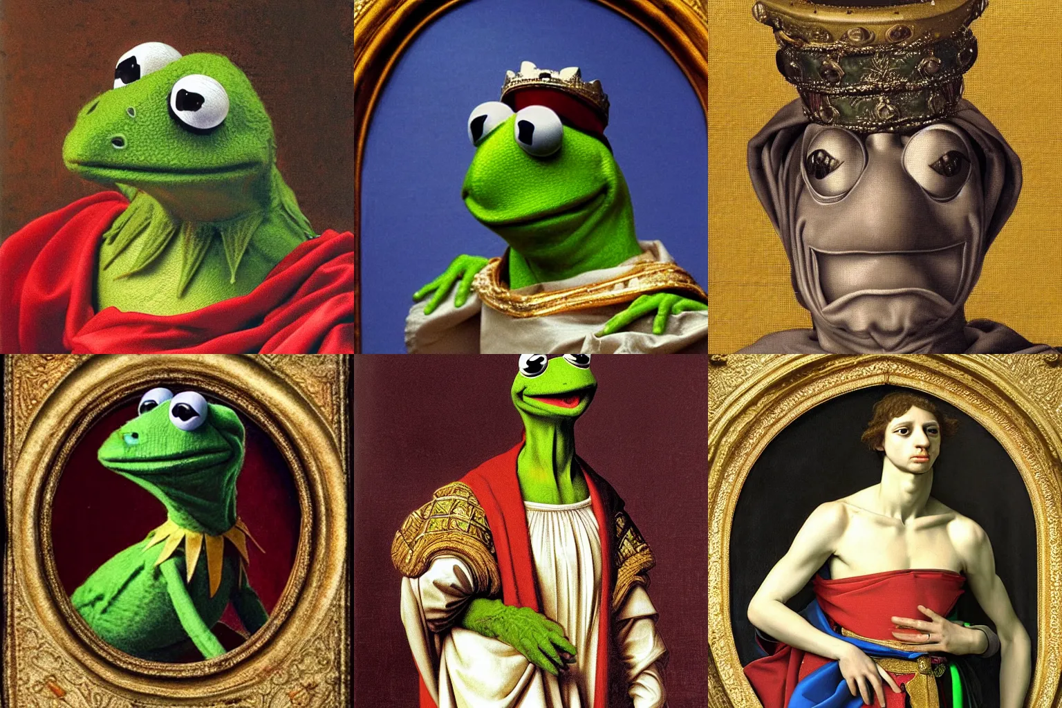 Image similar to A extremely highly detailed majestic hi-res beautiful, highly detailed head and shoulders painting of kermit the frog in royal medieval kingly robes by Michelangelo Merisi da Caravaggio,