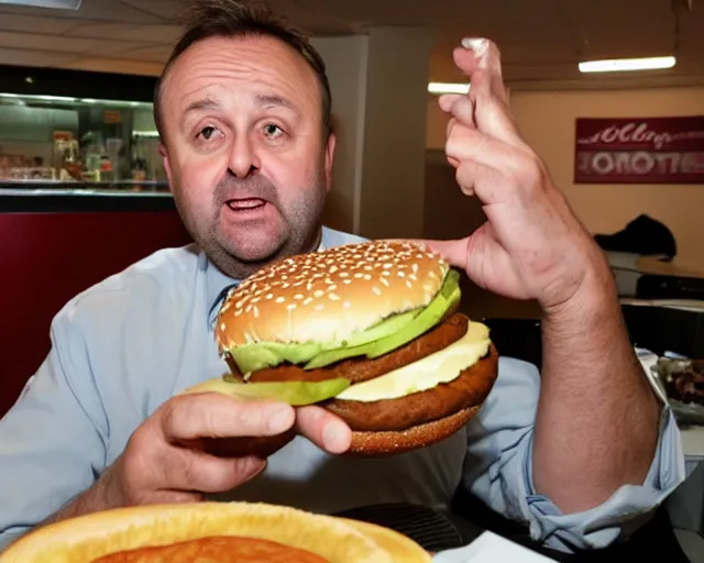 Image similar to Anthony Albanese eating a big mac cheeseburger