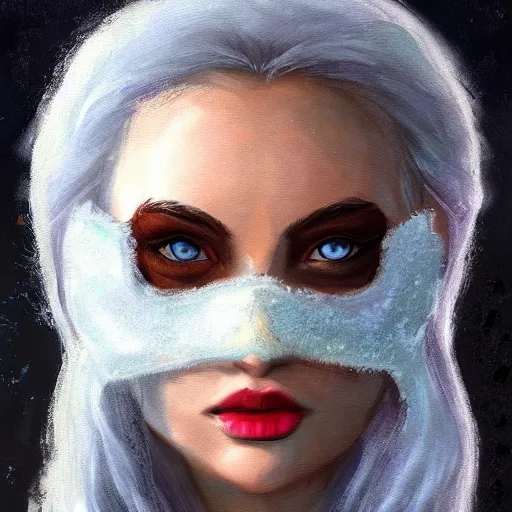 Image similar to art, bandit from ‘ icewind dale ’ and ‘ icewind dale heart of winter ’, with a frost blue gem mask lined with copper, ‘ icewind dale 2 ’ profile portrait by ‘ justin sweet ’, falling snow, soft focus, illustration, oil paint, trending artstation