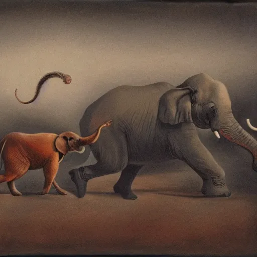 Prompt: mouse chasing a running elephant