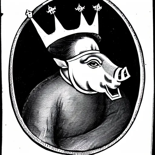 Prompt: old illustration of a king wearing a crown with a velvet pig mask on