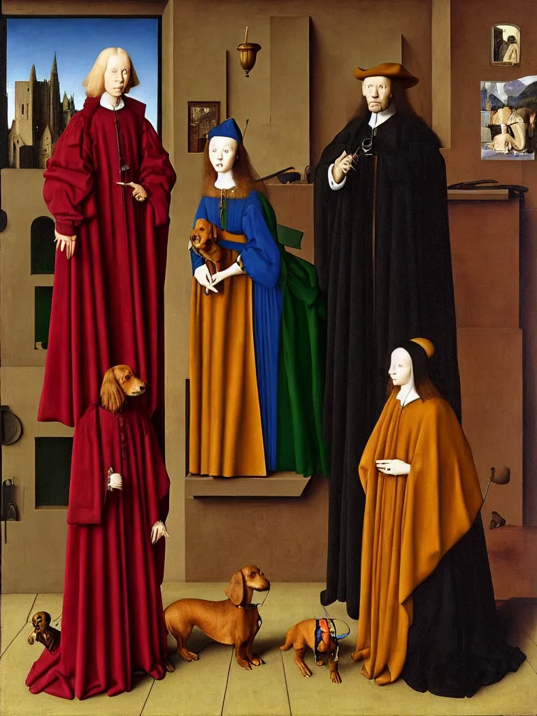 Image similar to the arnolfini portrait from jan van eyck, with mulder and scully from x - ´ files with a dachshund the scene