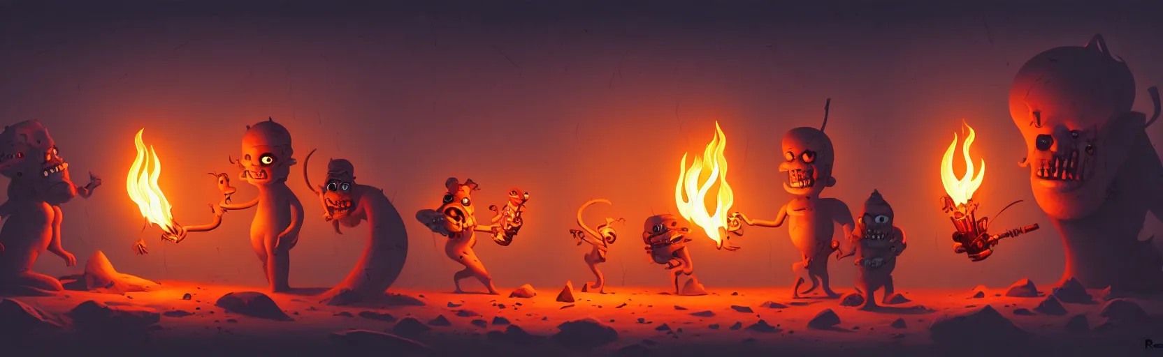 Image similar to uncanny whimsical savage mutants from the depths of a vast wasteland in the collective unconscious, dramatic lighting from fiery torches, surreal fleischer cartoon characters, shallow dof, surreal painting by ronny khalil