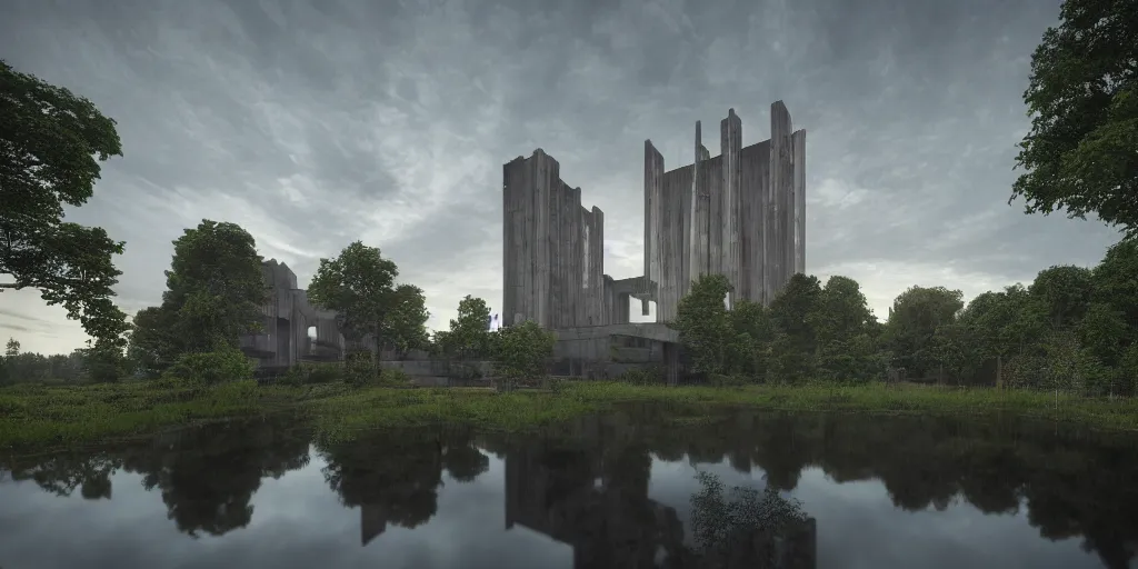 Prompt: an extremely detailed cathedral of brutalist architecture, surrounded by lush green forest, reflected in ponds of water, stunning volumetric lighting, sunset, rusted steel, smooth concrete, stunning skies, trending on Artstation, 8k, photorealistic, hyper detailed, unreal engine 5, IMAX quality, cinematic, epic lighting, in the style of Greg Rutkowski