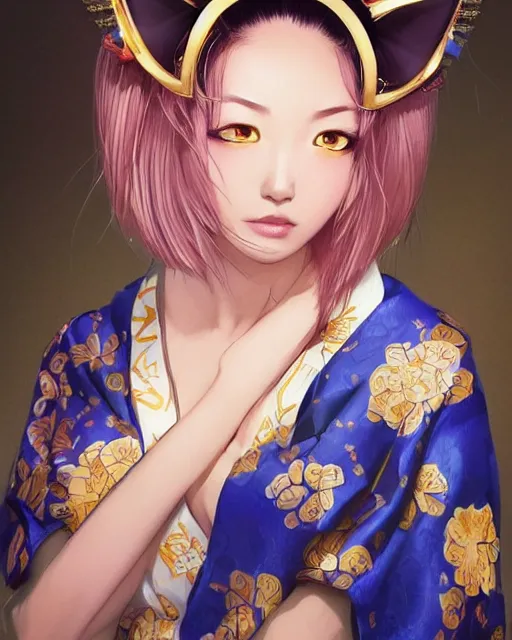 Prompt: Ssunbuki as a woman with fox ears and a royal blue kimono with gold flowers, Yakuza, portrait, visualartzi, korean, concept art by Karla Ortiz, James Paick, Charlie Bowater, Krenz Cushart, highly detailed, ultra detailed, ultra realistic, trending on artstation, cgstudio