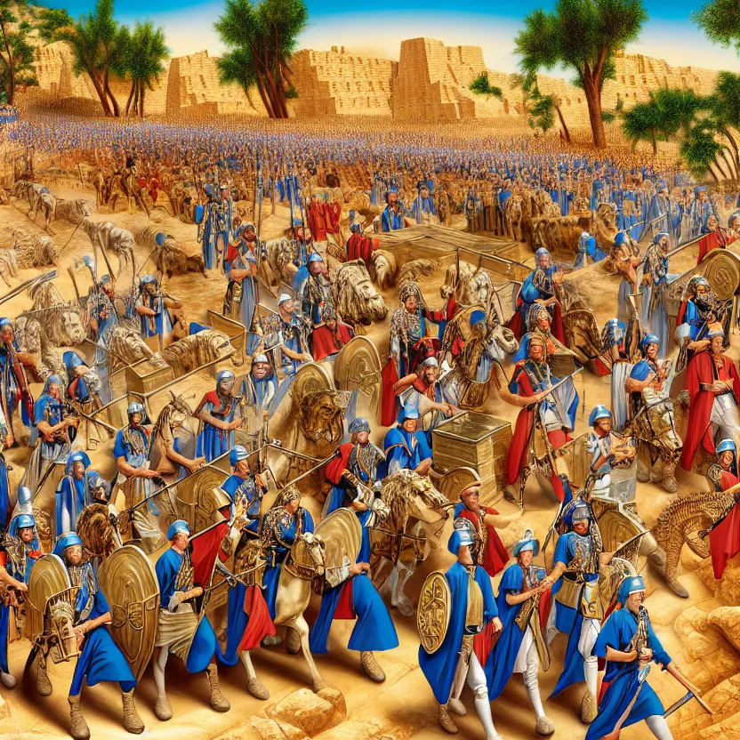 Image similar to the army of ancient israel marching behind the ark of the covenant around the walls of ancient jericho, by lisa frank, mark brooks, 8 k high detail