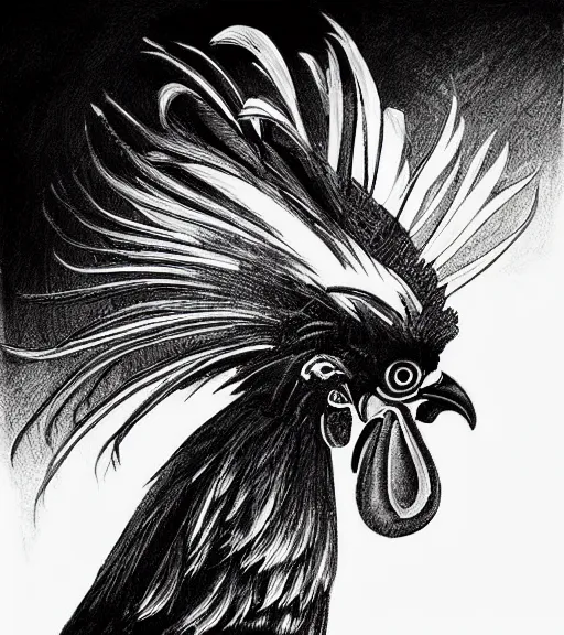 Image similar to beautiful rooster black and white drawing, in the style of greg rutkowski, fantasy, amazing detail, epic, intricate, elegant, smooth, sharp focus