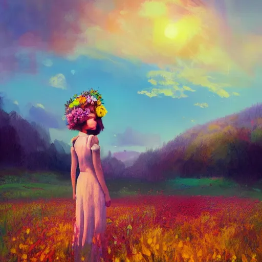 Image similar to girl with a flower head, surreal photography, dream, standing in flower field, magical, in a valley, sunrise dramatic light, impressionist painting, colorful clouds, artstation, simon stalenhag