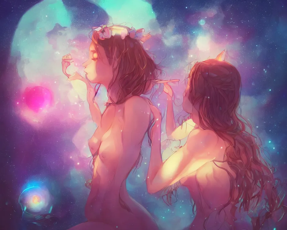 Prompt: beautiful whimsical cat girl standing in a lake under the stars, under a multi-colored binary blackhole with an accretion disc, casting magic, glowing trails following her arms, wearing professional makeup, anime, by Lois van Baarle, by Greg Rutkowski, by artgerm, by beeple, by studio ghibli, cinematic angle, volumetric lighting, 4k resolution, octane render, trending on artstation, masterpiece