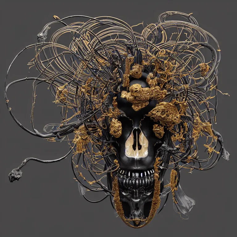 Image similar to black background. absolutely symmetrical sculpture. centered. goddess princess face close-up portrait ram skull. sculpture made of gold and black charcoal. jellyfish phoenix head, nautilus, orchid, skull, betta fish, bioluminiscent creatures, intricate artwork by Tooth Wu and wlop and beeple. octane render, trending on artstation, greg rutkowski very coherent symmetrical artwork. cinematic, hyper realism, high detail, octane render, 8k