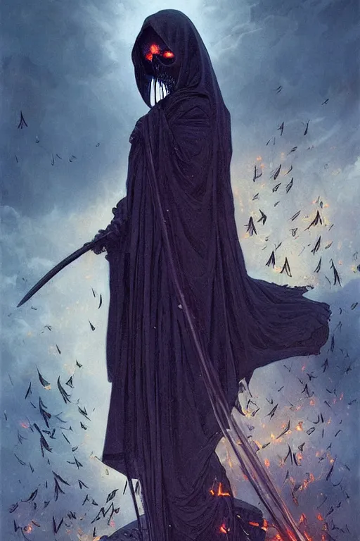 Image similar to the grim reaper with a cloak of fireflies and flameches, flames intricate scythe blade, eerie tumultuous dark clouds in the background, elegant, thin intricate art nouveau frame, highly detailed, digital painting, artstation, concept art, matte, sharp focus, illustration, art by Artgerm and Greg Rutkowski and Alphonse Mucha