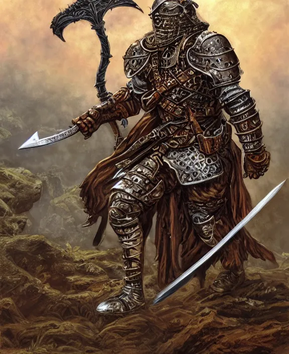 Image similar to battle - worn warrior with legendary sword, fantasy, man, cool armour, intricate, highly detailed, digital painting, artstation, concept art, wallpaper, smooth, sharp focus, illustration, art by larry elmore, jeff easley, clyde waldwell, keith parkinson, daniel r horne