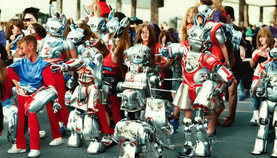 Prompt: 1990s candid photo of a middle school home coming dance with robot warrior rabbits, cinematic, UHD