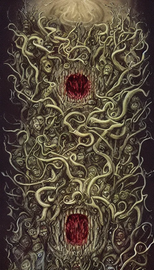 Image similar to a storm vortex made of many demonic eyes and teeth, by brian froud