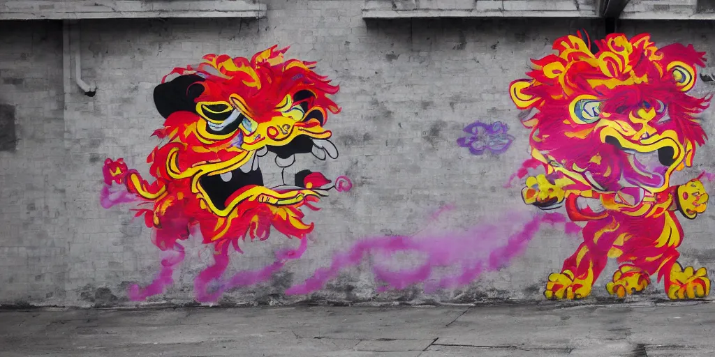 Prompt: lion dance, china, graffiti style, spraypainted on a wall