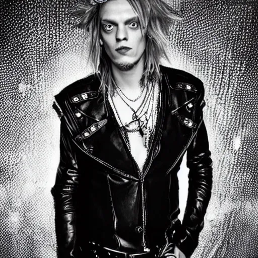 Prompt: Jamie Campbell Bower as a glam rock god, studio photograph for his new hair metal album