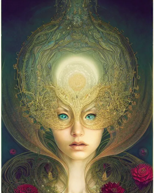 Image similar to centered beautiful detailed front view portrait of a woman with ornate growing around, ornamentation, flowers, elegant, beautifully soft lit, golden ratio, full frame, by wayne barlowe, peter mohrbacher, kelly mckernan,