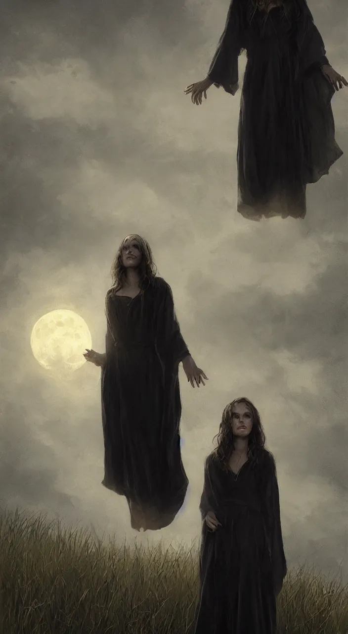 Prompt: young witch in a black robe standing in the grass at the bottom with a full moon in the sky over her head at the top, detailed face, highly detailed, by greg rutkowski