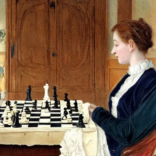 Image similar to a young edwardian woman playing chess against a rabbit in a beautiful victorian living room, in the style of Carl Larsson