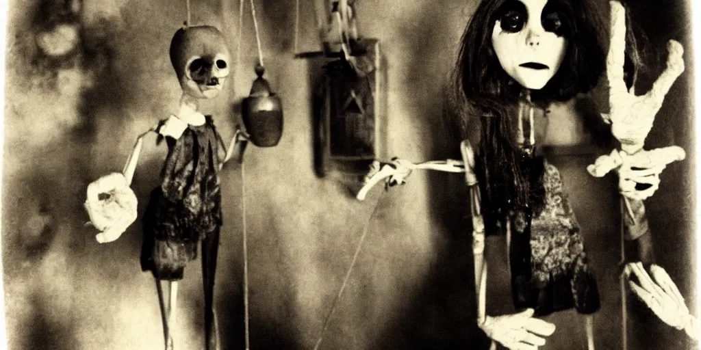 Image similar to 1 9 7 0 s female alive, eerie, creepy masked marionette puppet, other mother, the legend of the beldam, unnerving, clockwork horror, pediophobia, lost photograph, dark, forgotten, final photo found before disaster, realistic, vintage noir, polaroid,