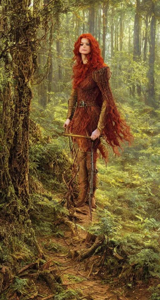 Image similar to Detailed painting of a curly redhead anne hathaway wearing elven armor in a forest landscape by Ted Nasmith