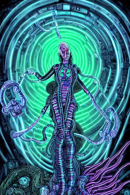 Image similar to Perfectly-centered hyperdetailed symmetrical cinematic surreal arthouse aetherpunk RPG professionally made portrait-illustration of a cyberpunk Medusa dressed in a cosmic horror dress with long ravepunk snakes as hair standing next to luminiscent otherworldly towers, neon-noir lovecraftian blurred background, HDR digital art in comic-book cover style, 3D rim light, professional post-processing, 3d final render, masterpiece, trending on Gsociety and Artstation