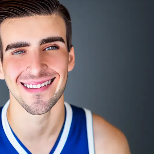 Image similar to a portrait of a young Caucasian man smiling with short brown hair that sticks up in the front, blue eyes, groomed eyebrows, tapered hairline, sharp jawline, wearing a volleyball jersey, sigma 85mm f/1.4, 15mm, 35mm, 4k, high resolution, 4k, 8k, hd, highly detailed, full color, Kodak Kodachrome Film