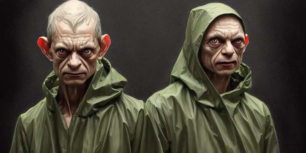 Image similar to ( ( ( ( gollum ) ) ) ) dressed in raincoat, male, clear face, masculine, upper body, highly detailed, digital painting, artstation, concept art, matte, sharp focus, illustration, art by artgerm and greg rutkowski and alphonse mucha