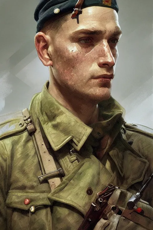 Image similar to A full portrait of a world war two soldier, intricate, elegant, highly detailed, digital painting, artstation, concept art, smooth, sharp focus, illustration, art by Krenz Cushart and Artem Demura and alphonse mucha